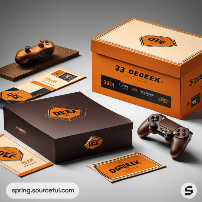 Orange and brown boxes with controllers and decorated lids.