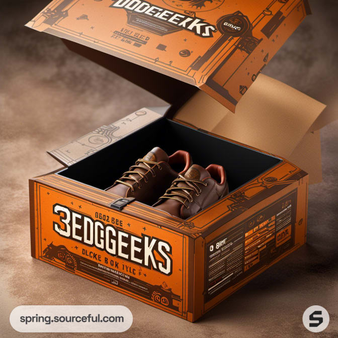 Opened box with shoes inside and intricate orange design.