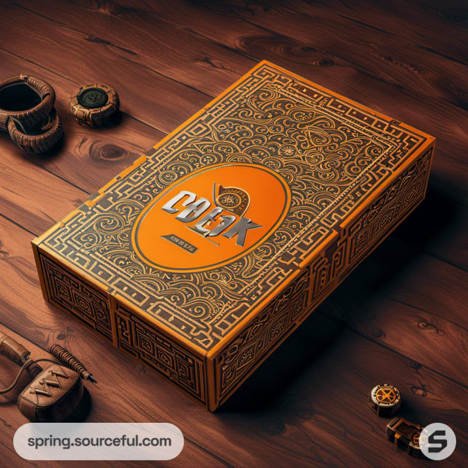 Orange box with ornate pattern on a wooden surface.