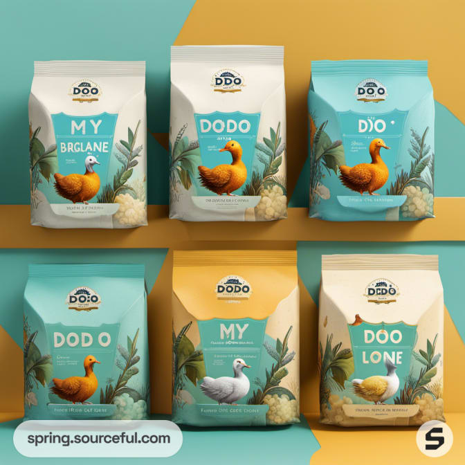 Various dodo-themed resealable pouches with colorful backgrounds.