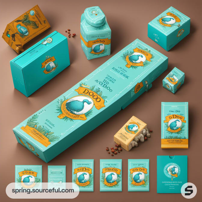 Dodo-themed turquoise and brown packaging collection on display.
