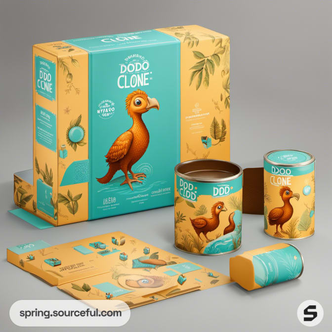 Cylindrical and box dodo-themed packaging with illustrations.