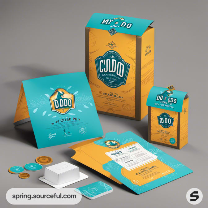 Orange and teal dodo-themed packaging with display stand.