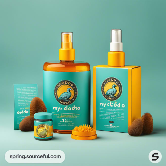 Orange and teal skincare products with dodo illustrations.
