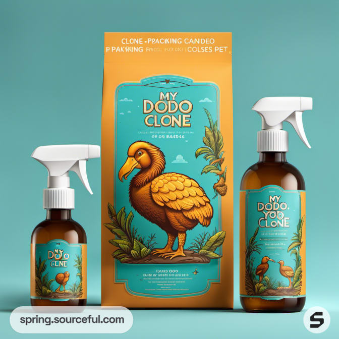 Spray bottles and a pouch with dodo illustrations on packaging.