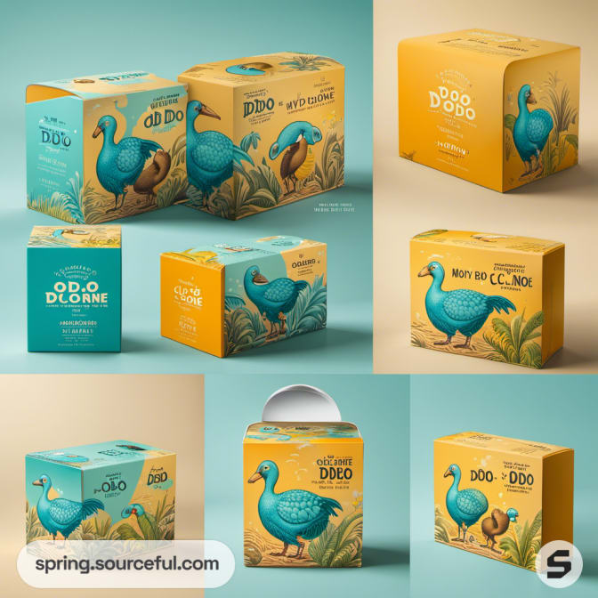 Dodo-themed packaging boxes in various sizes with illustrations.