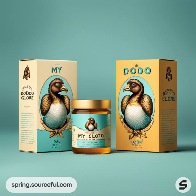 Jar and box with dodo illustration in teal and brown packaging.