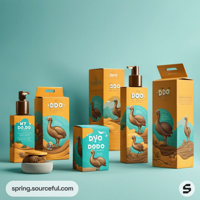 Dodo-themed skincare packaging in orange and teal colors.