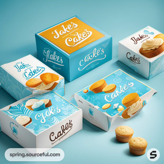 Variety of cake boxes on blue background.