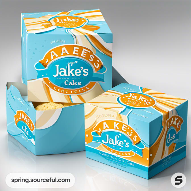 Blue cake boxes with orange design accents.