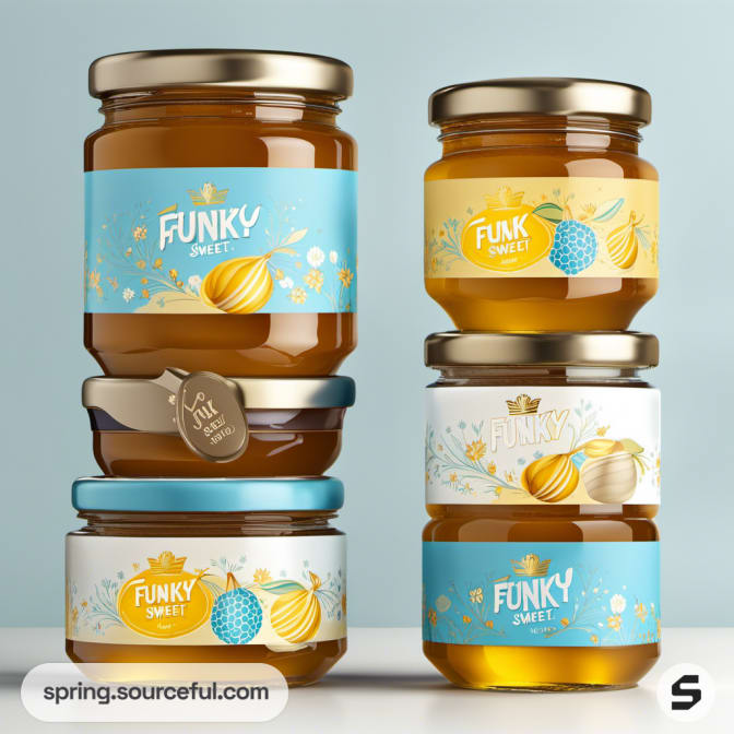 Stacked honey jars with blue and yellow labels.