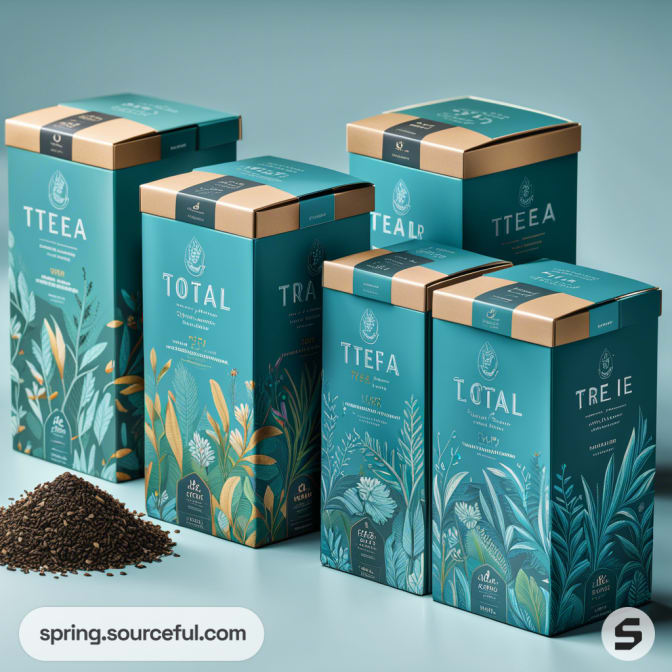 Teal and gold tea boxes with botanical designs and loose tea leaves on a turquoise background.