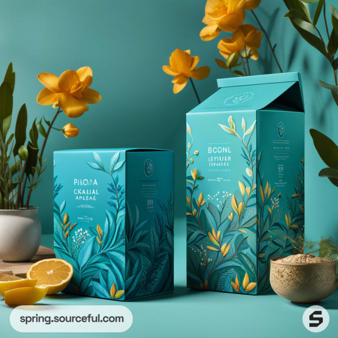 Teal tea boxes with floral patterns and lemon slices on a turquoise background.