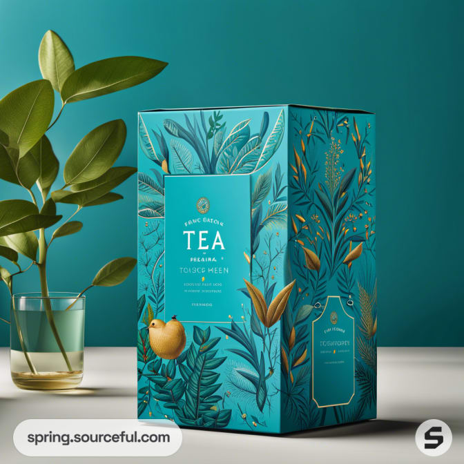 Teal tea box with floral decoration beside green leaves on a turquoise background.