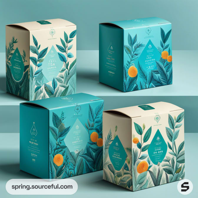 Four teal and cream tea boxes with orange accents and leaf patterns on a turquoise background.