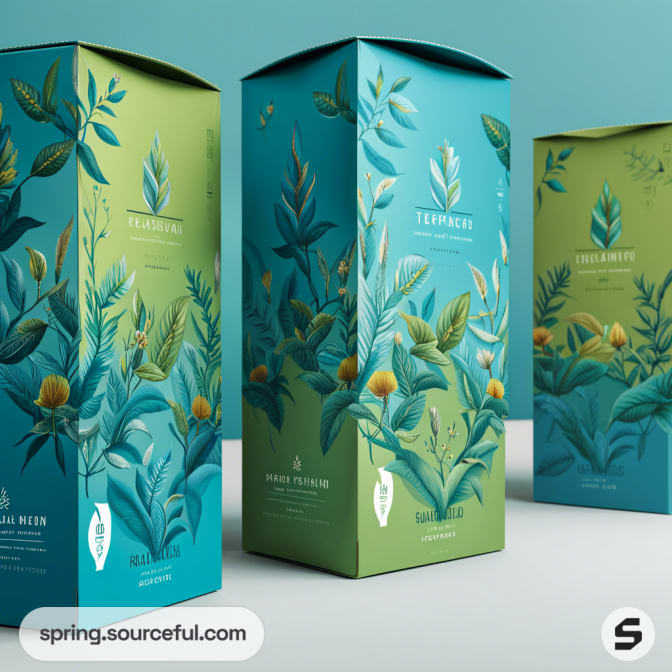 Three tall tea boxes in teal and green with botanical designs on a turquoise background.