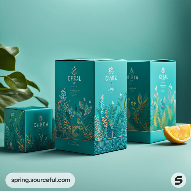 Teal tea packaging with floral patterns and lemon slice on a turquoise background.