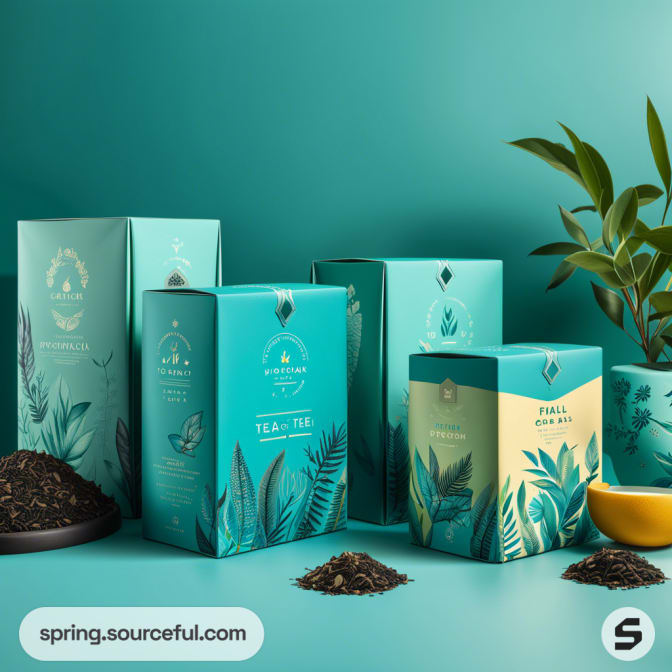 Assorted teal and cream tea boxes with leaves and tea spill on a turquoise background.