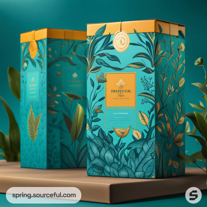 Luxurious teal and gold tea packaging with intricate floral designs.