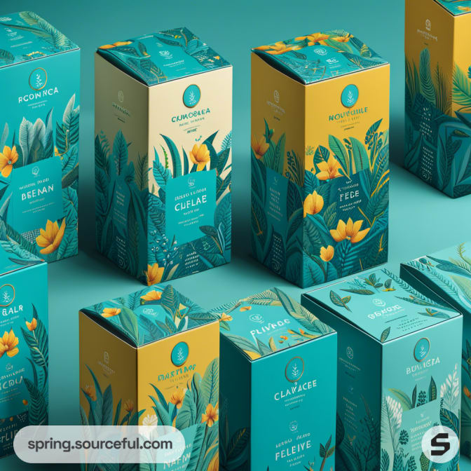 Multiple teal and yellow tea boxes with floral and leaf motifs on a turquoise background.
