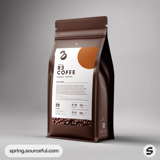 Brown coffee bag with minimalistic label showing details.