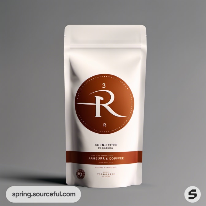 White resealable pouch with brown circular logo.