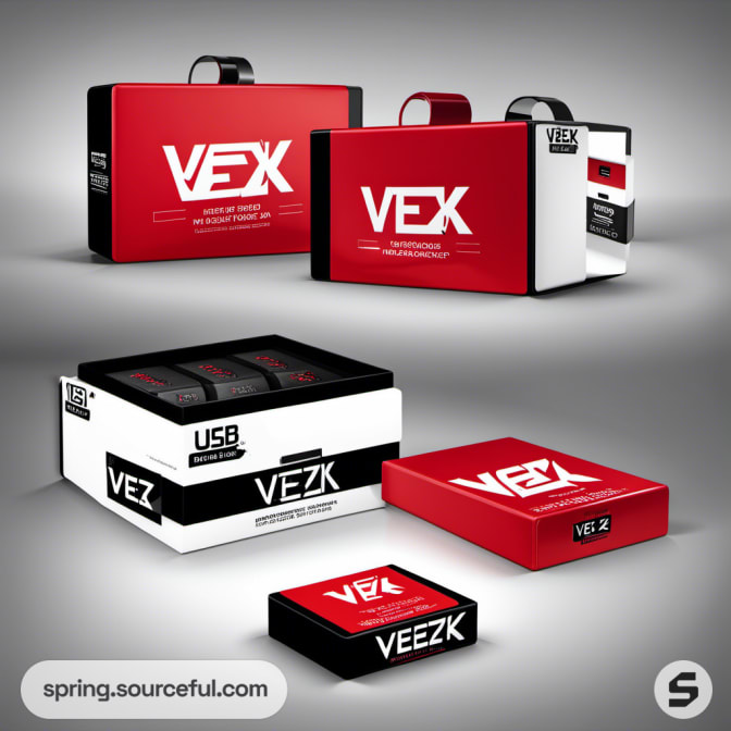 Red and white packaging boxes with carrying handles and bold text.