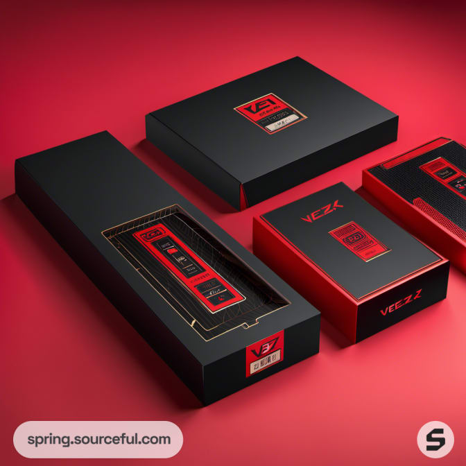 Black and red rectangular boxes with large text and geometric designs.