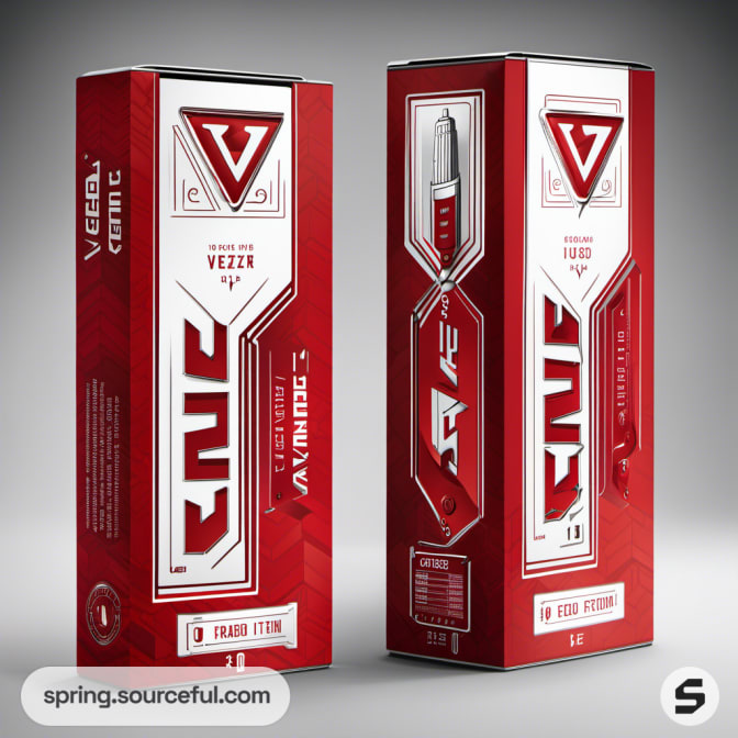 Tall red and white slim packaging with geometric patterns and text.