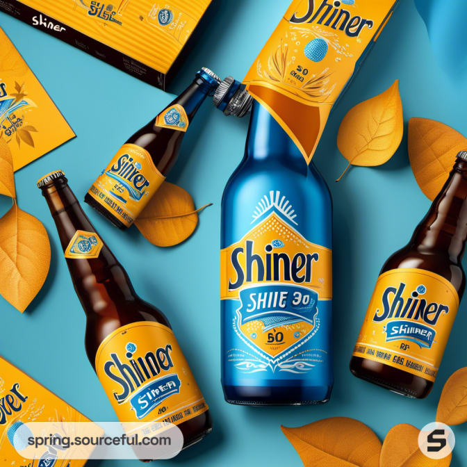 Assorted beer bottles with blue and yellow leaves decor