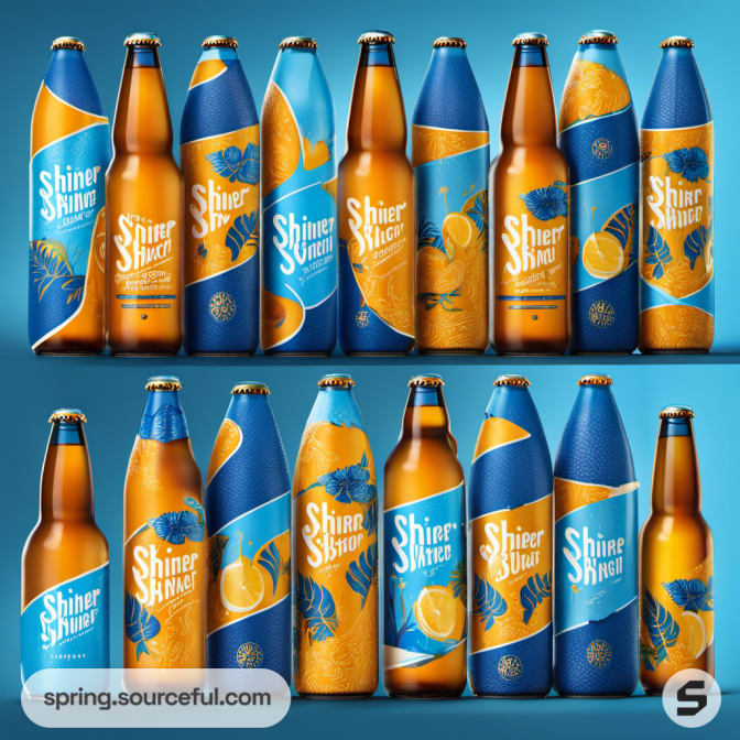 Row of beer bottles with varied blue and orange labels