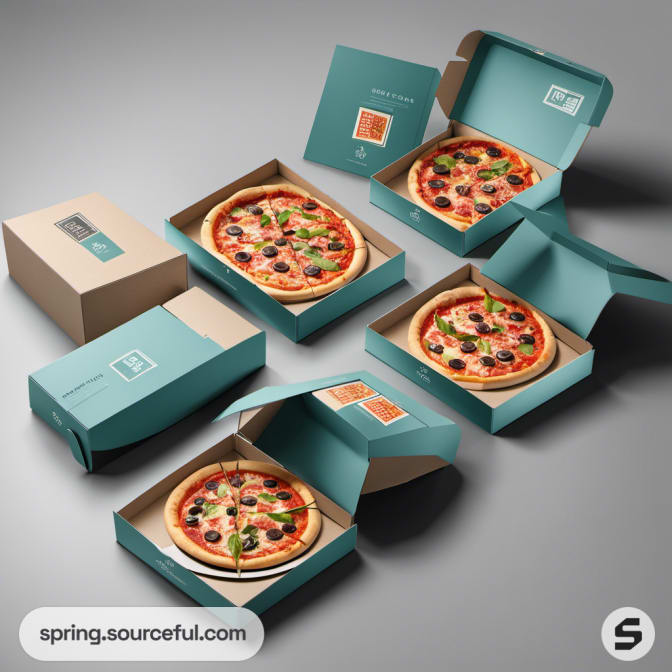 Pizza boxes with pizzas, featuring teal and beige designs and QR code labels, displayed on a grey surface.