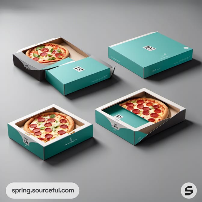 Teal pizza boxes showing pizzas with variety of toppings, on a gray surface.