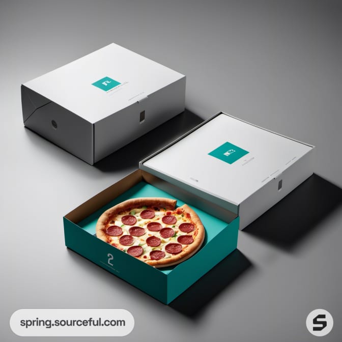 Open pizza box with a pepperoni pizza inside on a gray surface.