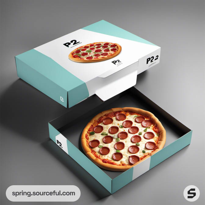 Pepperoni pizza in a partially opened teal and white sleek pizza box on a gray background.