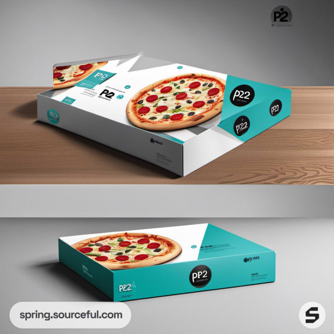 Pizza box with colorful design featuring a pizza image and graphics, placed on a wooden surface.