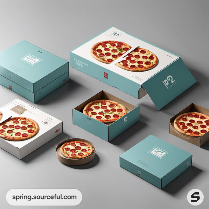 Assorted teal pizza boxes with pepperoni pizza, arranged on a gray background.