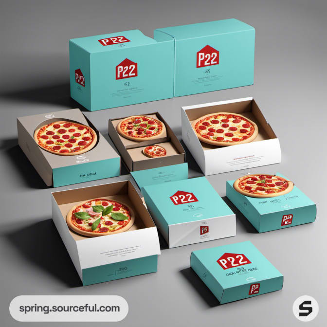 Assorted pizza boxes with teal and white design, featuring various pizza styles inside.