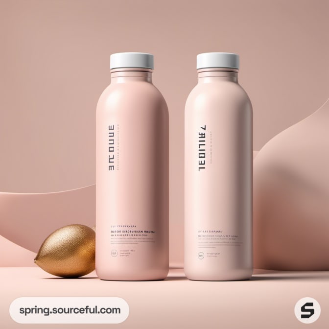 Two pastel pink bottles with white caps on a smooth beige background.