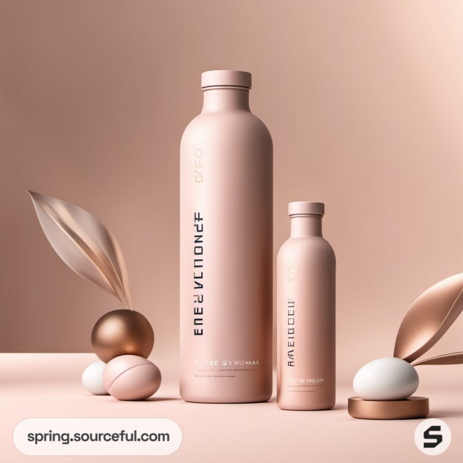 Two peach-colored bottles with minimalist text on a pastel background.