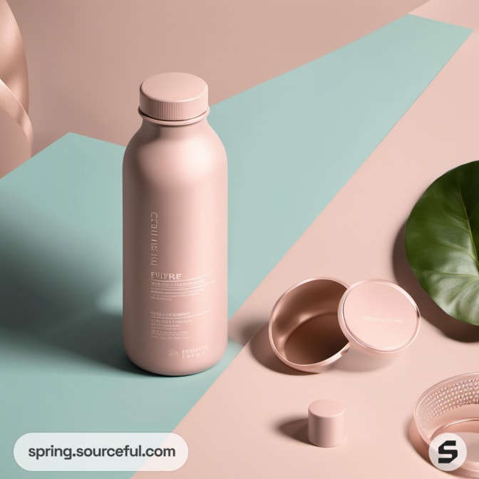 Single pastel pink bottle with lid open on a turquoise and beige backdrop.