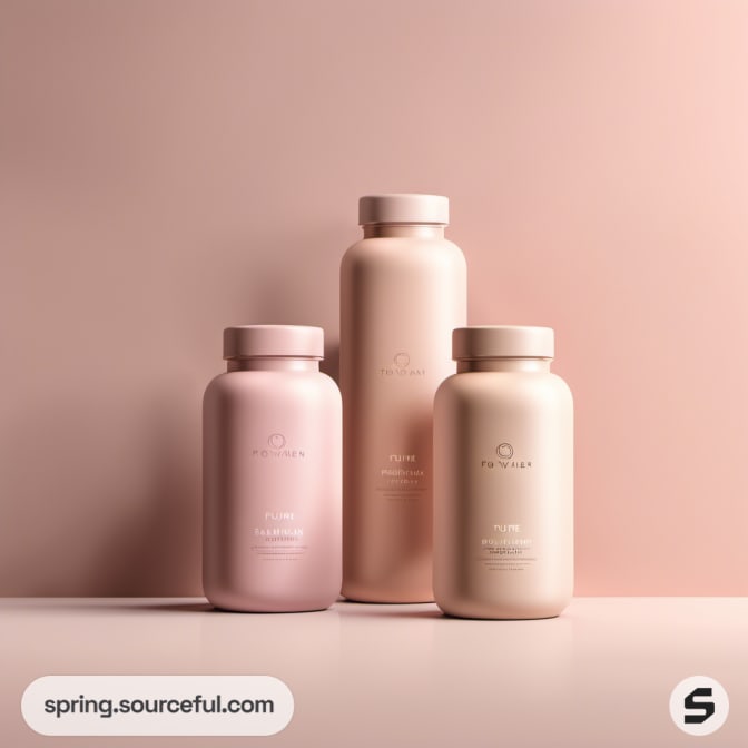 Three simple pastel bottles on a soft peach background.