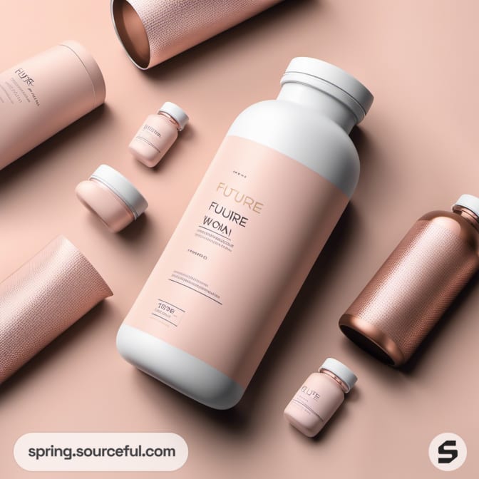 Flat lay of various pastel pink vitamin bottles on a pale surface.