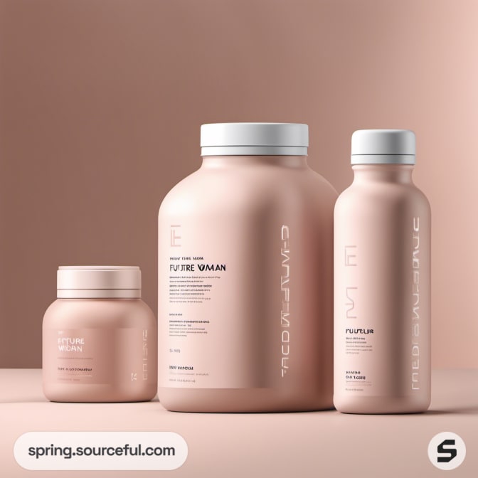 Three pastel beige supplement bottles on a soft pink background.