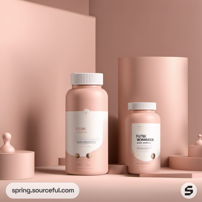 Two pastel pink bottles with minimalist labels in an abstract setting.