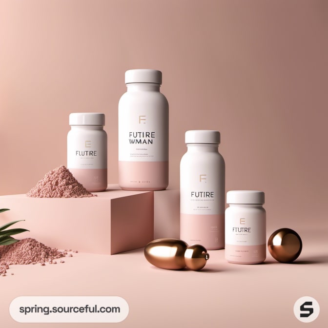 Four minimalist supplement bottles on a pastel pink setup.