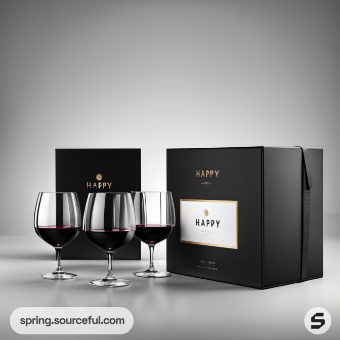 Black gift box with two wine glasses filled with red wine.