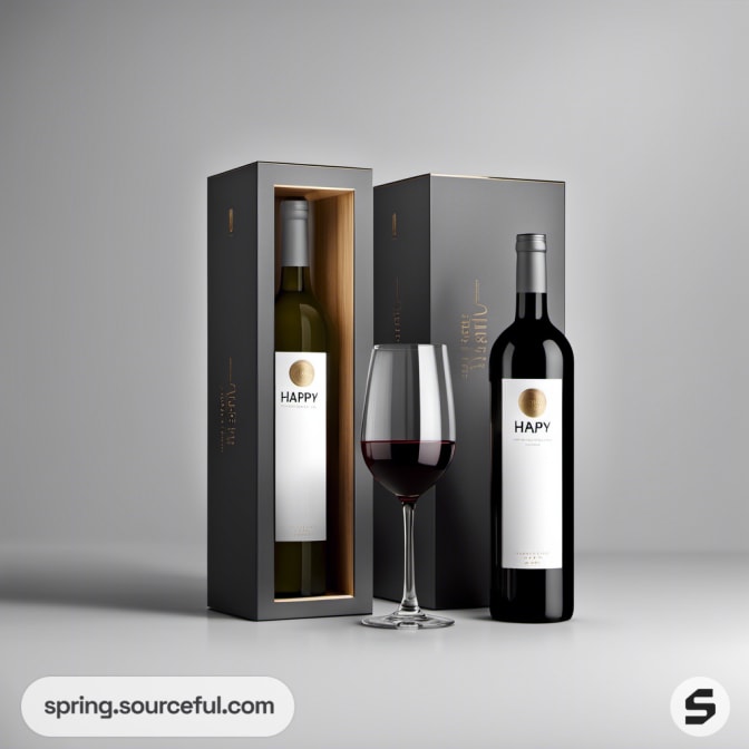 Wine bottle and glass in elegant black box.