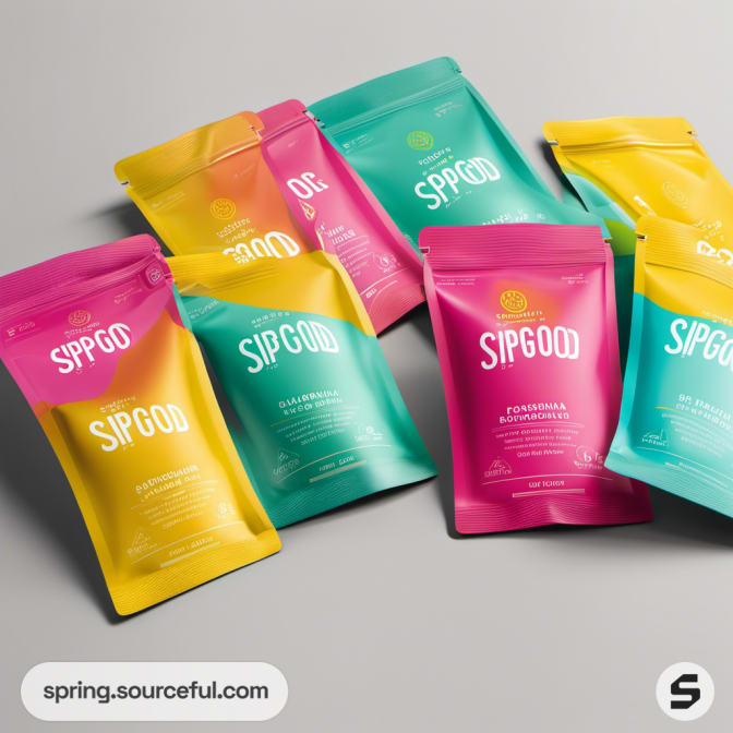 Seven colorful SIPGOOD pouches on a light surface, featuring multiple colors.