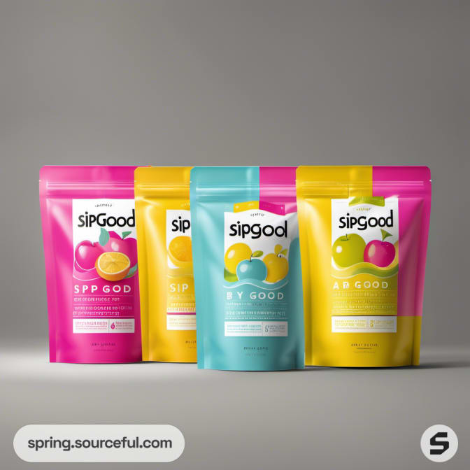 Four resealable pouches in pink, yellow, and blue with fruit illustrations.